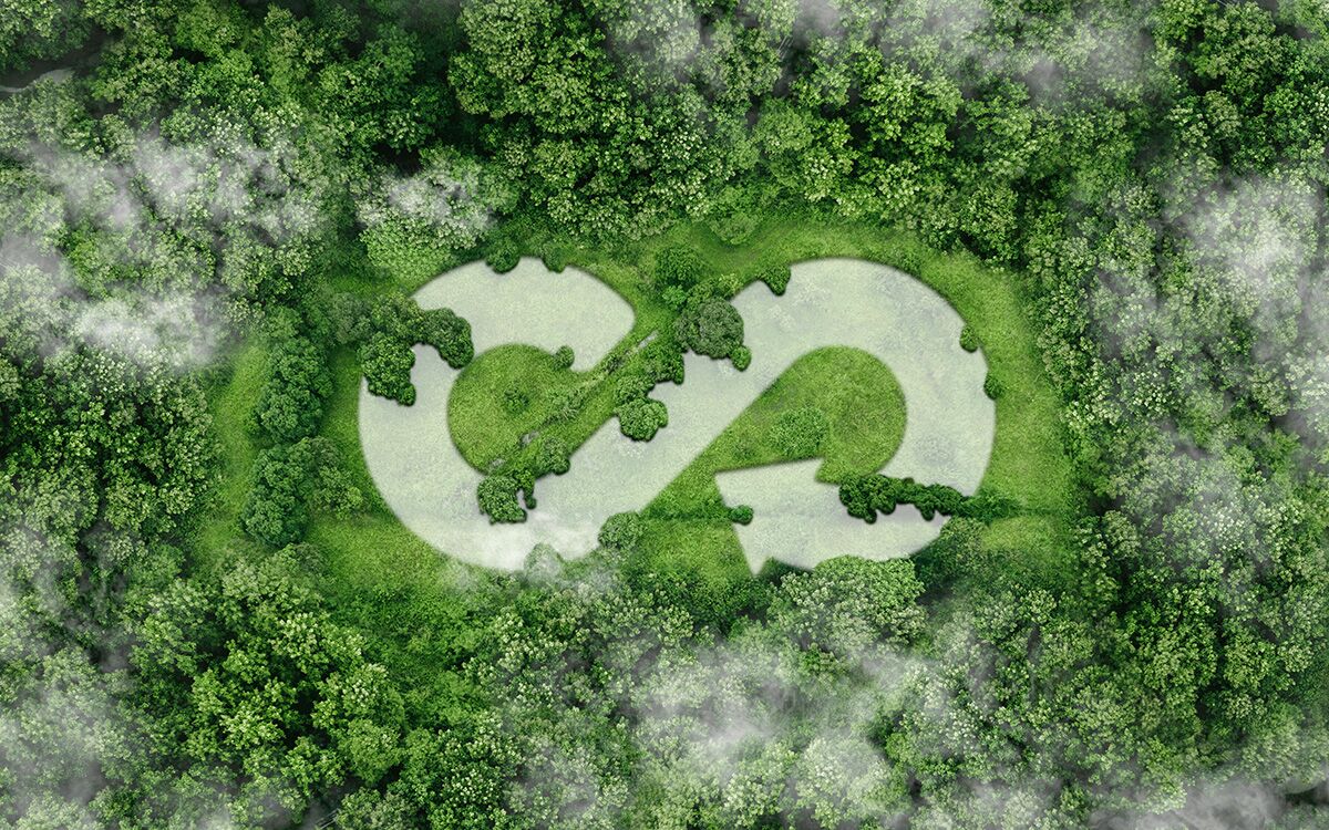 Wald von oben in dem ein Recycling Zeichen abgebildet ist